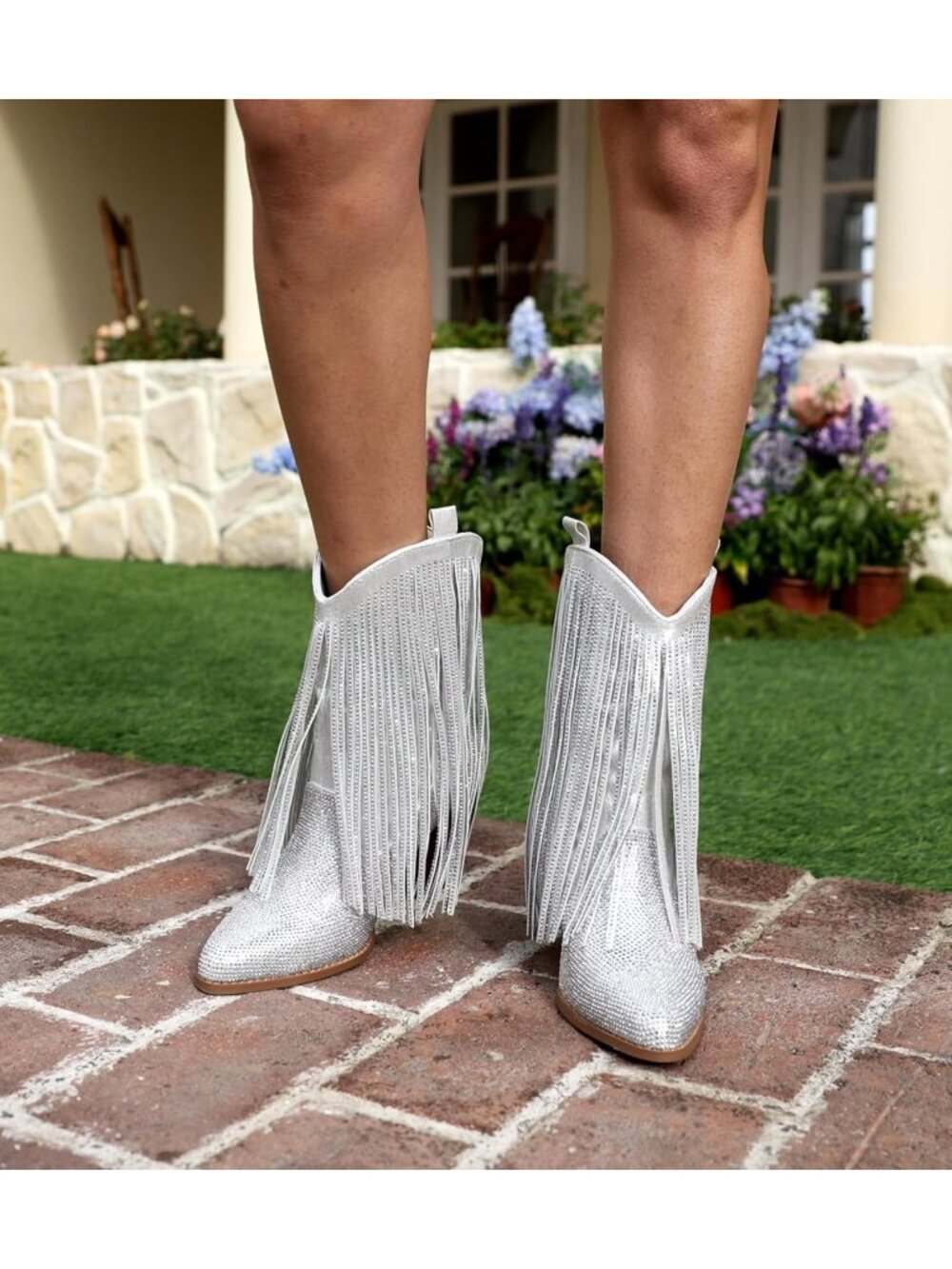 Women Shiny Silver Knit Sparkly Rhinestone Cowgirl Pointed Toe Heel Boot - Picture 3 of 6